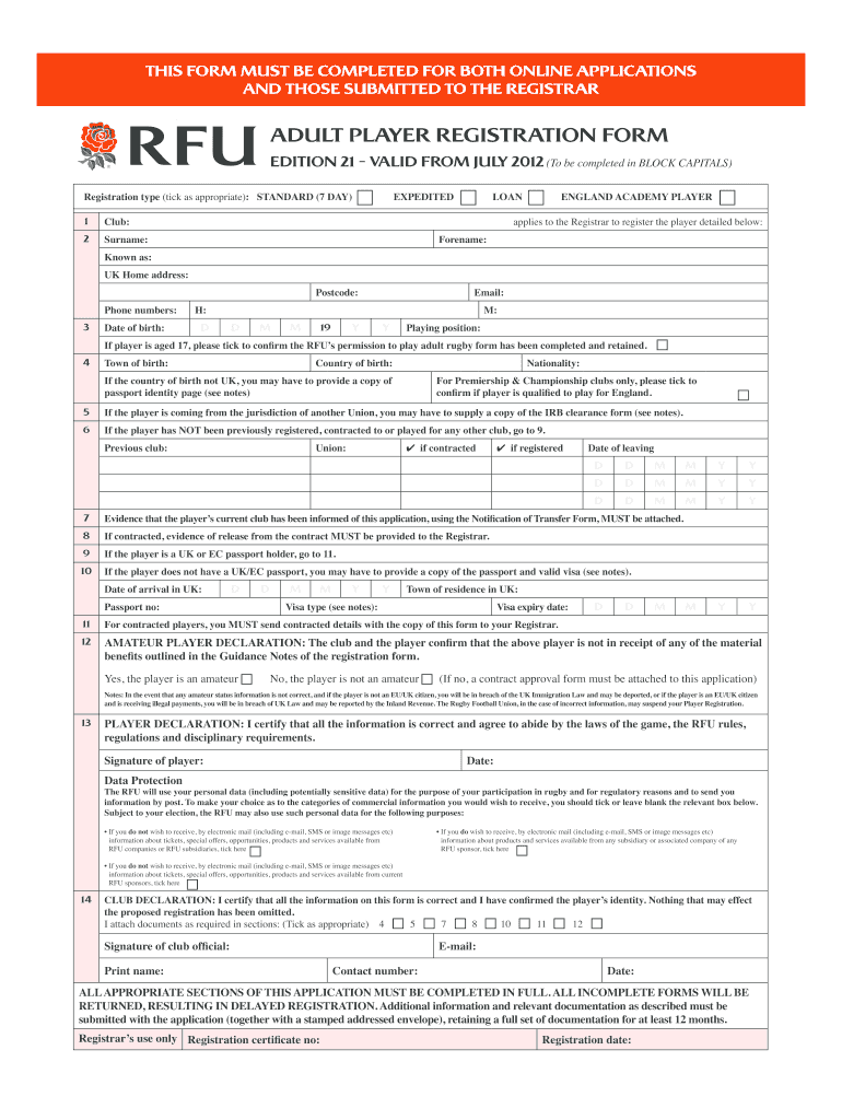  ADULT PLAYER REGISTRATION FORM  Ross Rugby Club  Rossrugby Co 2012