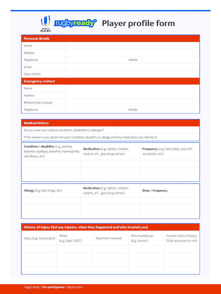 Rugby Player Profile Template  Form