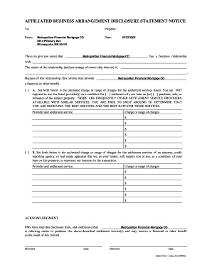 Affiliated Business Arrangement Disclosure Statement  Form