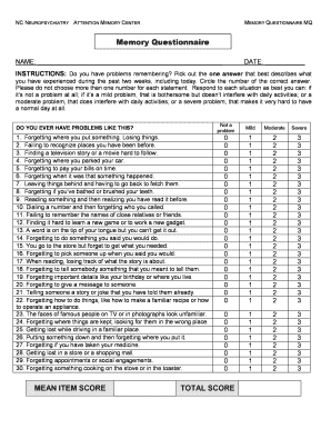 Memory Questionnaire for Students  Form