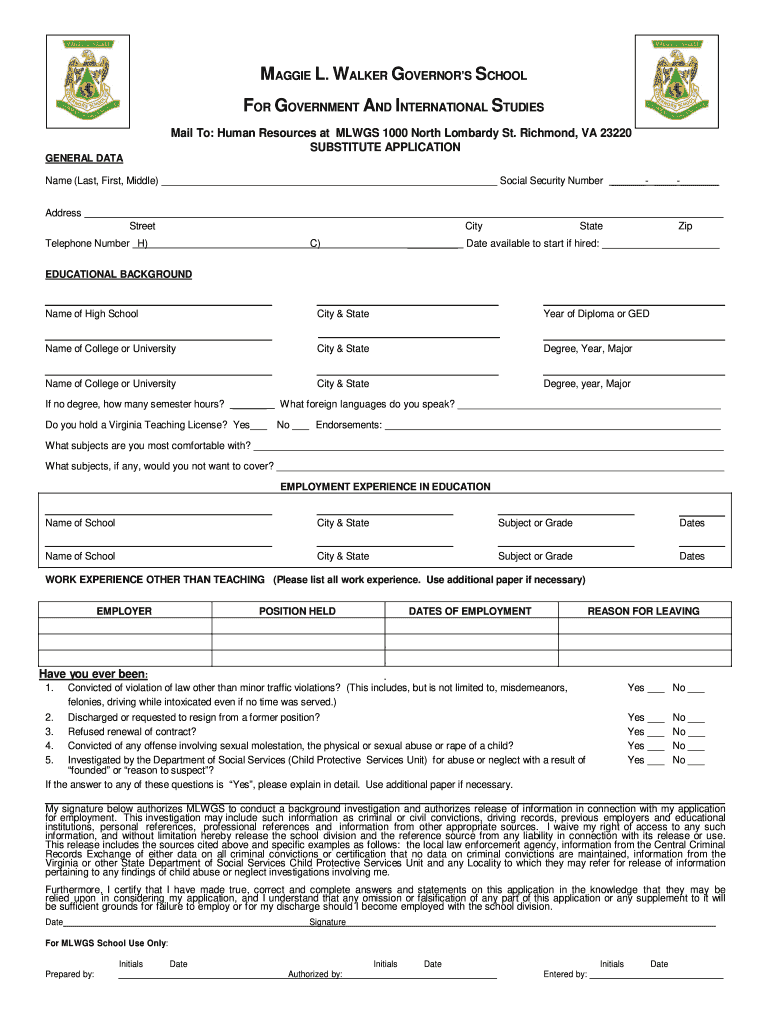 Substitute Teacher Application  Maggie L Walker Governor&#39;s School  Form