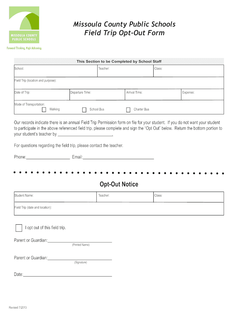  Field Trip Opt Out Form Indd  Missoula County Public Schools 2013-2024