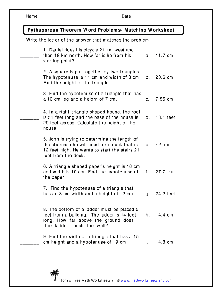 Pythagorean Theorem Word Problems Matching Worksheet Answer Key  Form