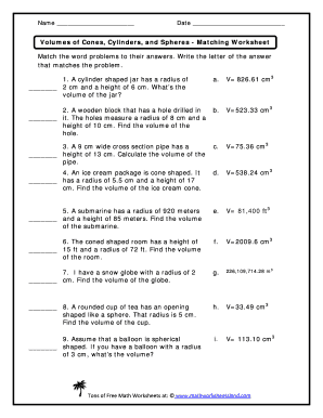 Volumes of Cones Cylinders and Spheres Matching Worksheet  Form