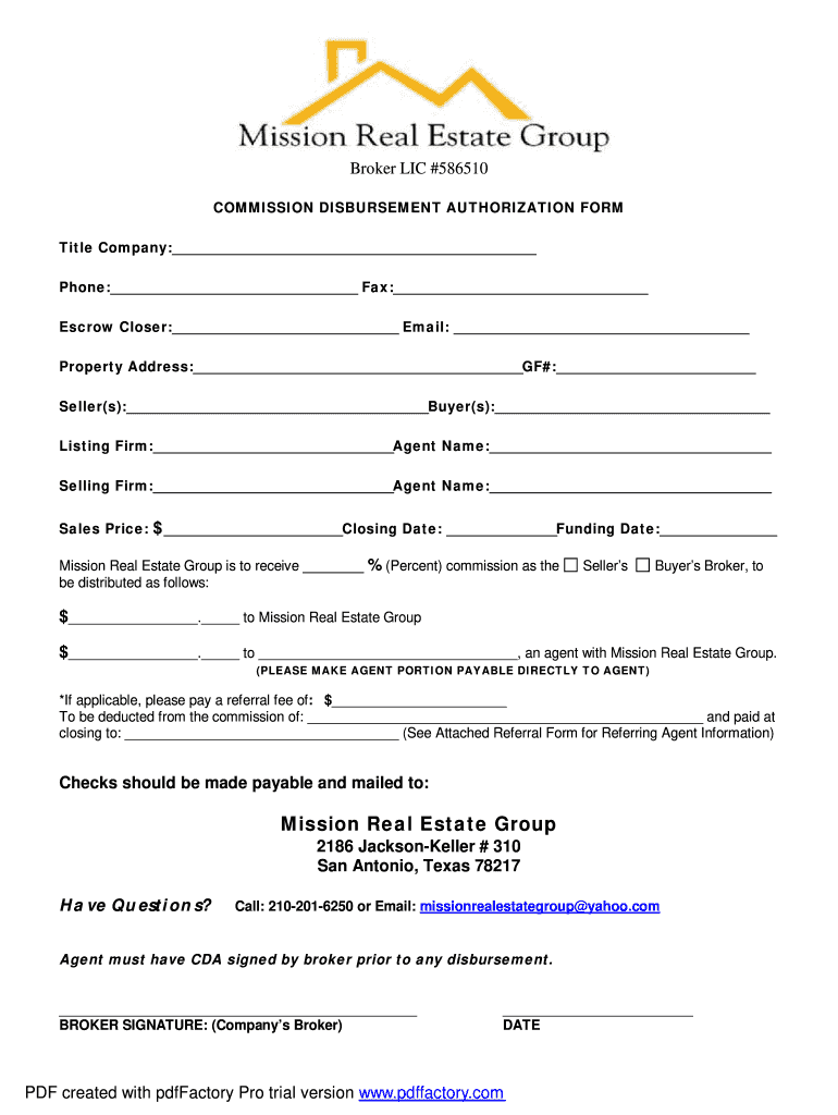 Commission Disbursement Authorization Form Florida