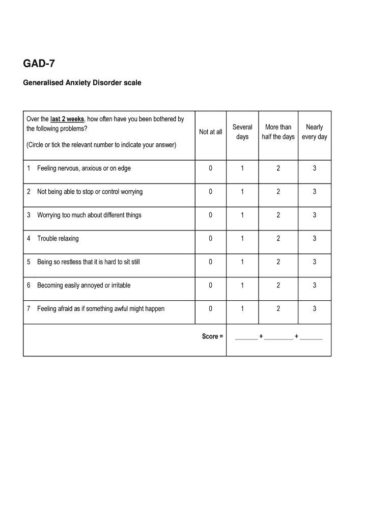 Generalised Anxiety Disorder Scale  Form