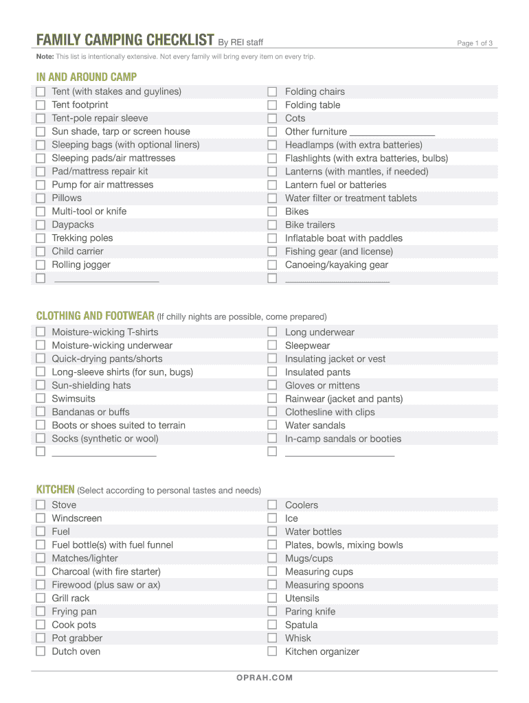 Family Camping Checklist by REI Staff  Form