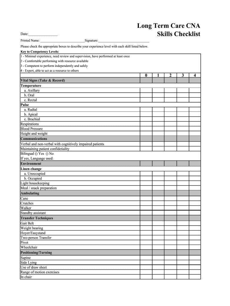 Long Term Care Cna Skills Checklist  Form