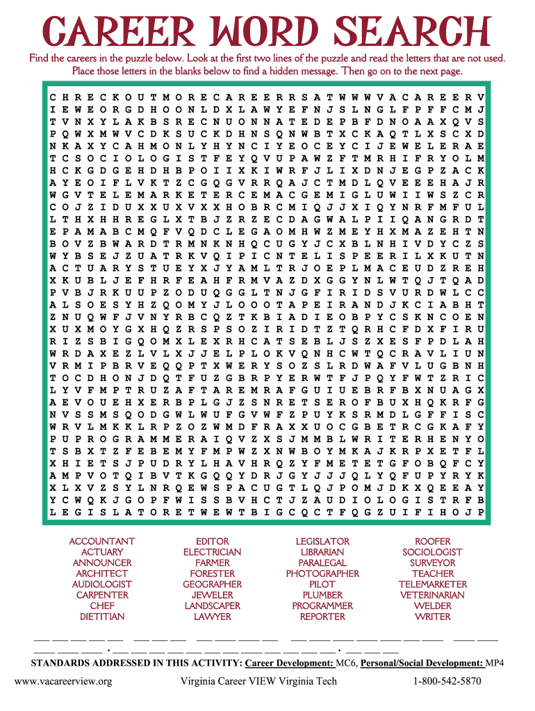 Career Word Search Answer Key  Form