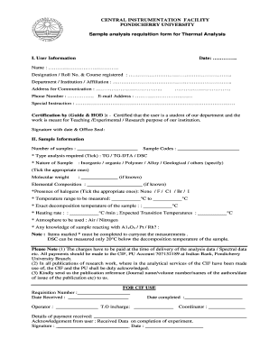 Sample Analysis Requisition Form for Thermal Pondiuni Edu