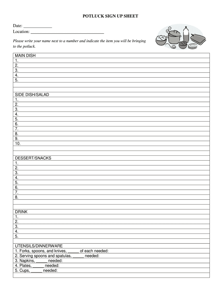 Potluck Sign Up Sheet PDF  Form
