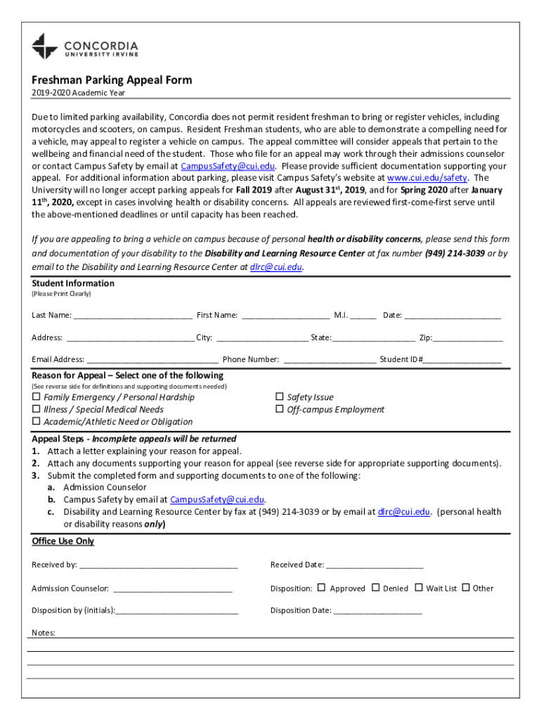 Freshman Parking Appeal Form Concordia University Cui Fill