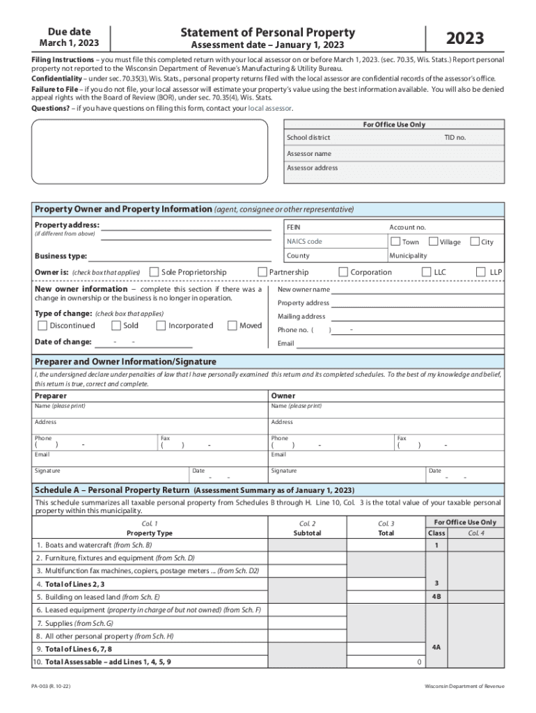  PA 003 Statement of Personal Property 2023-2024