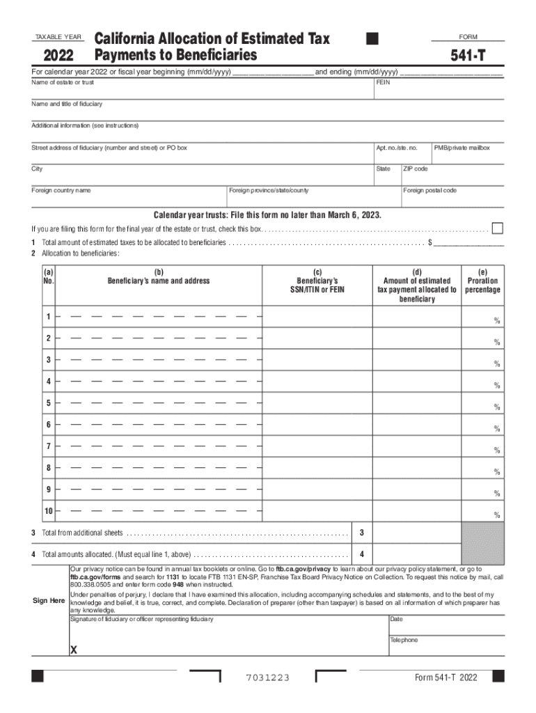 Form 541 T California Allocation of Estimated Tax Payments to