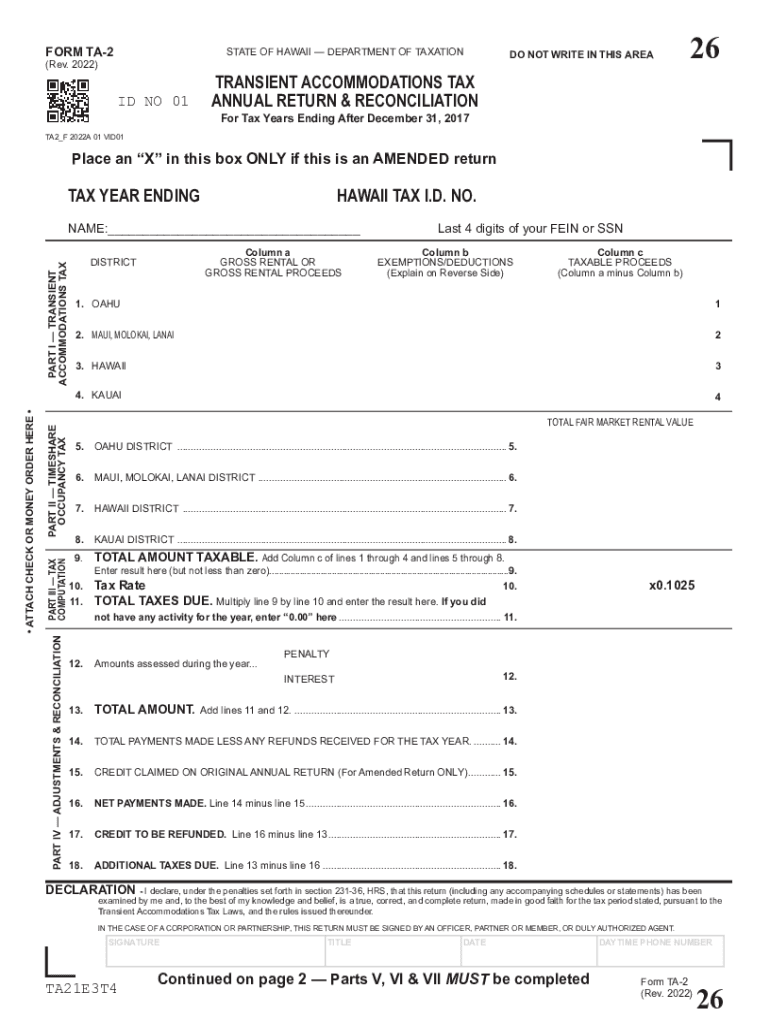  Form TA 2, Transient Accommodations Tax Hawaii Gov 2022-2024