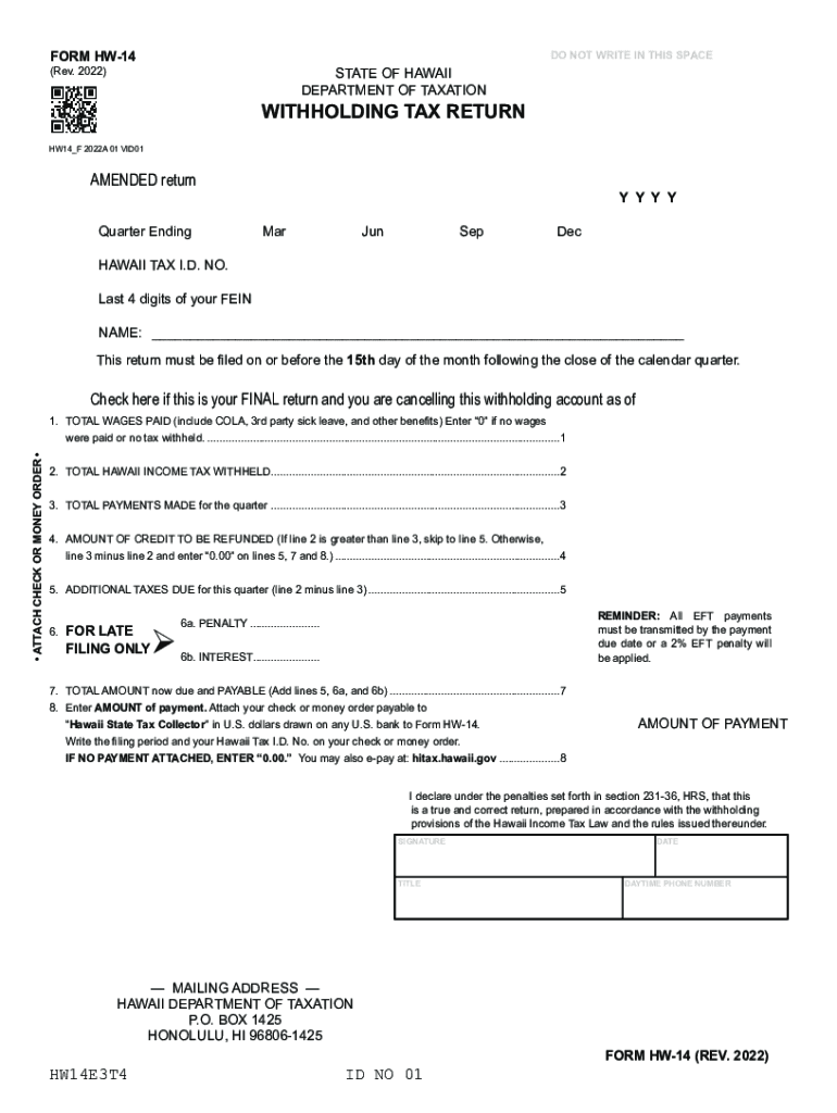  Form HW 14 Rev Withholding Tax Return Forms Fillable 2022-2024