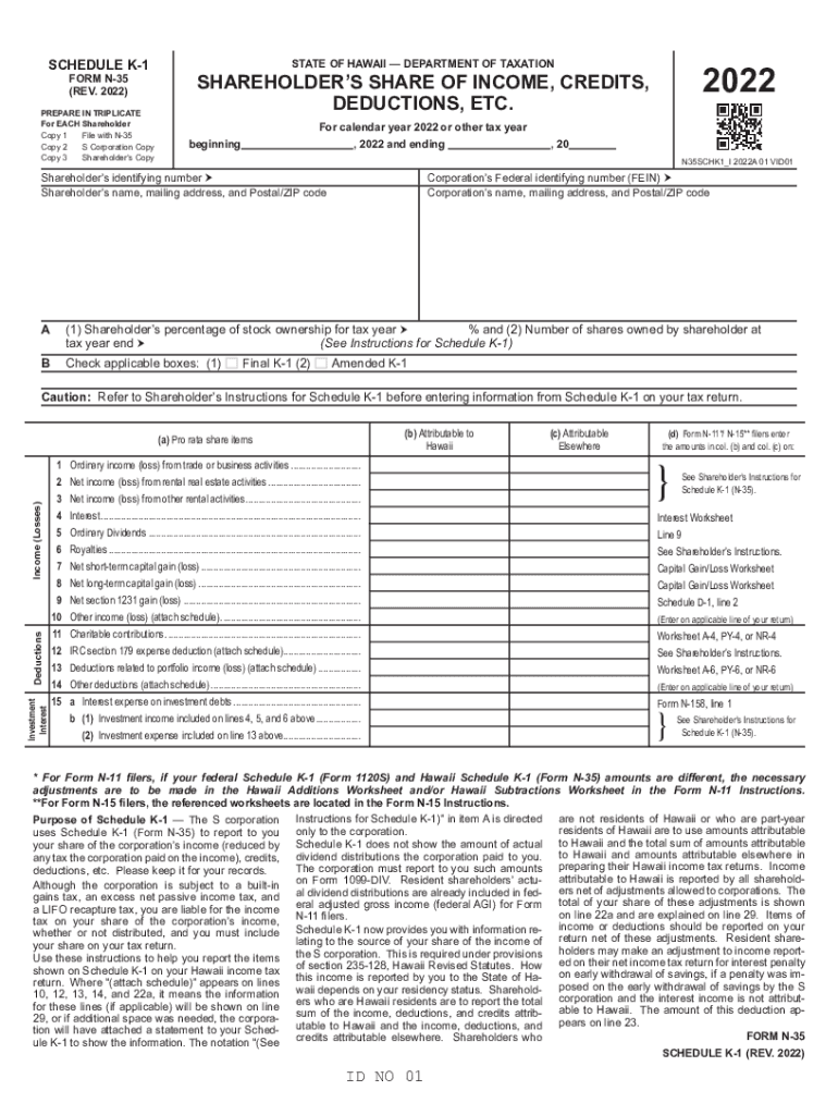  Schedule K 1 Form N 35 Rev Shareholder&#039;s Share of Income, Credits, Deductions, Etc 2022