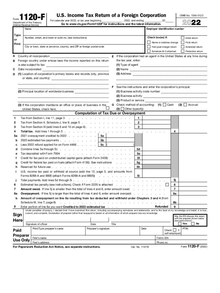  Form 1120 F U S Income Tax Return of a Foreign Corporation 2022