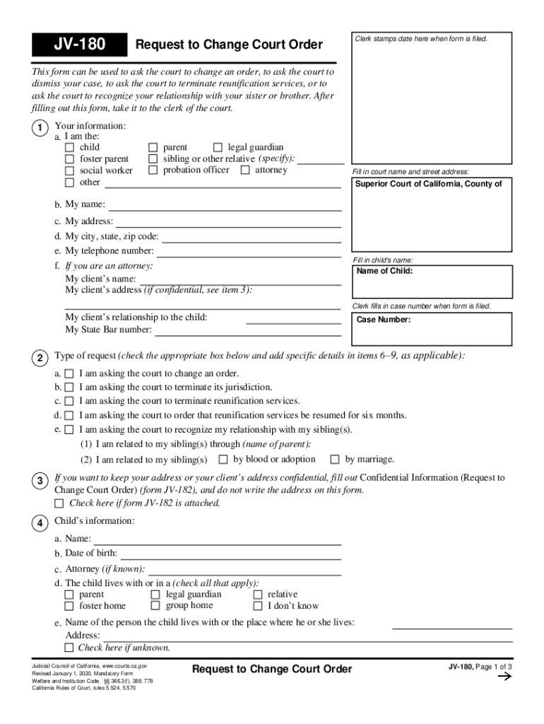  Order After Hearing on Form JV 180 Request to Change 2020-2024