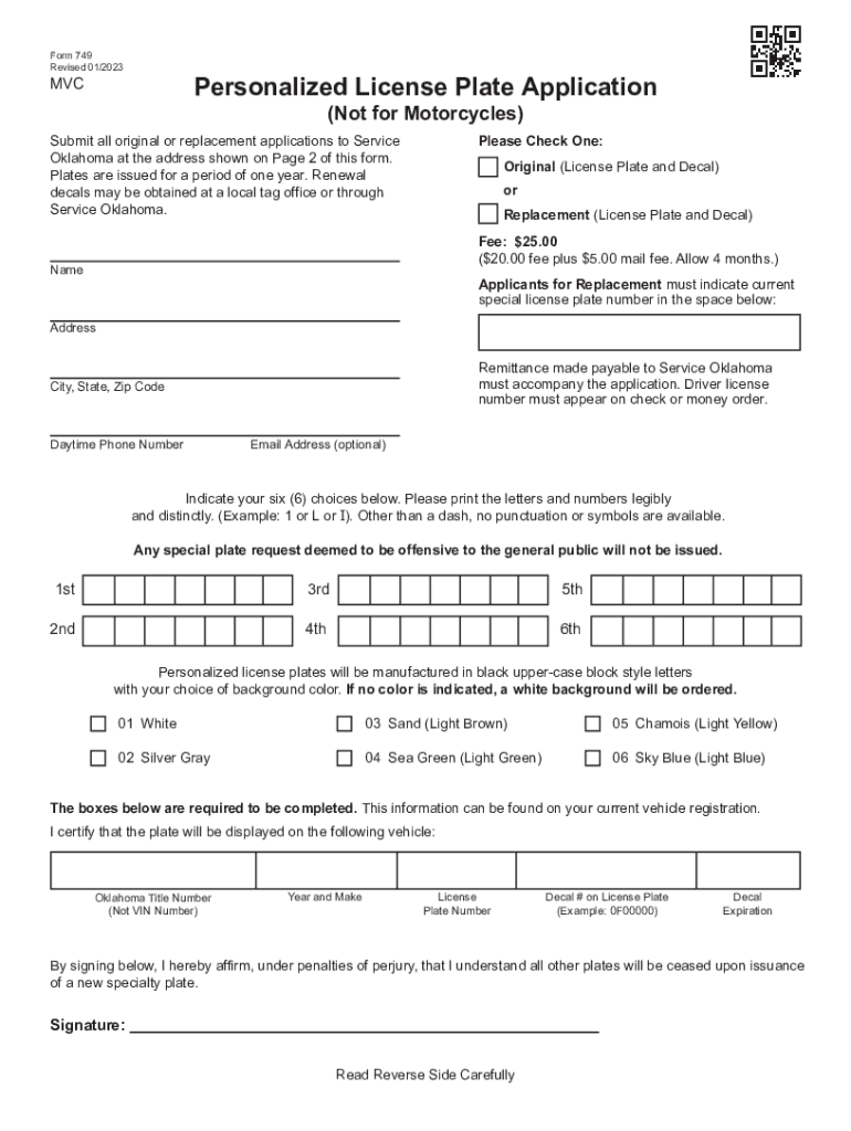  Form 749 Personalized License Plate Application Not for Motorcycles 2023-2024