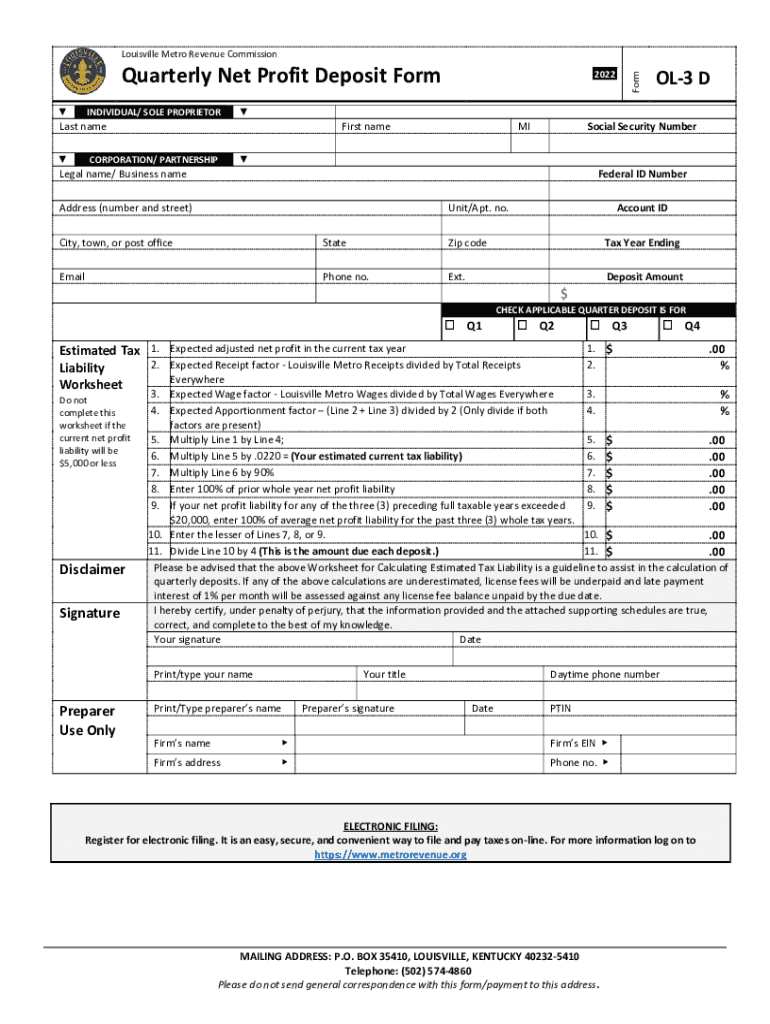  Quarterly Net Profit Deposit Form LouisvilleKy Gov 2022-2024