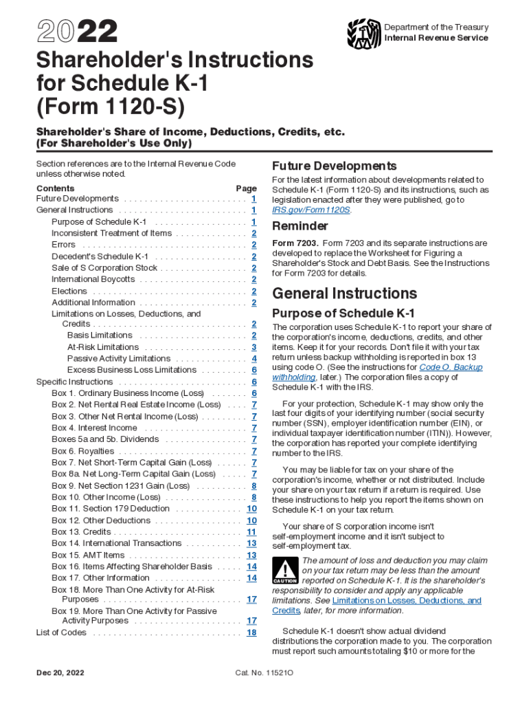  Shareholder&#039;s Instructions for Schedule K 1 Form 1120 S 2022-2024
