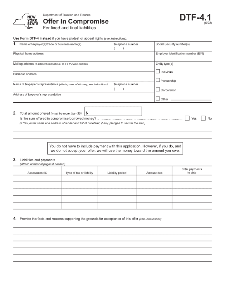Form DTF 4 1 Offer in Compromise for Fixed and Tax NY Gov