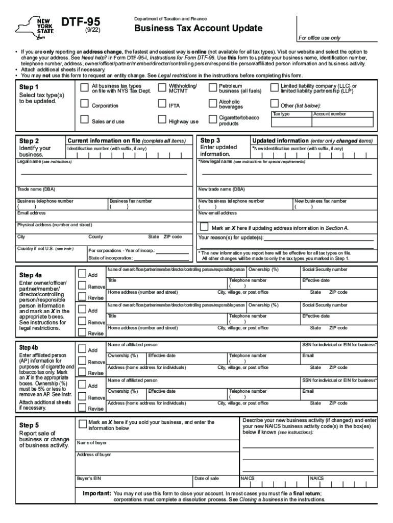 Form DTF 95 Business Tax Account Update Revised 922