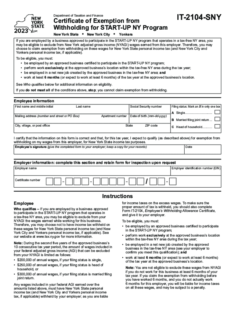 Form it 2104 SNY Certificate of Exemption from Withholding