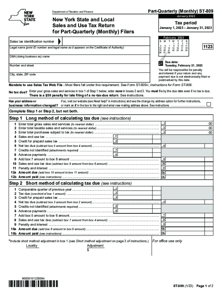 Form ST 809 New York State and Local Sales and Use Tax Return for Part Quarterly Monthly Filers Revised 123