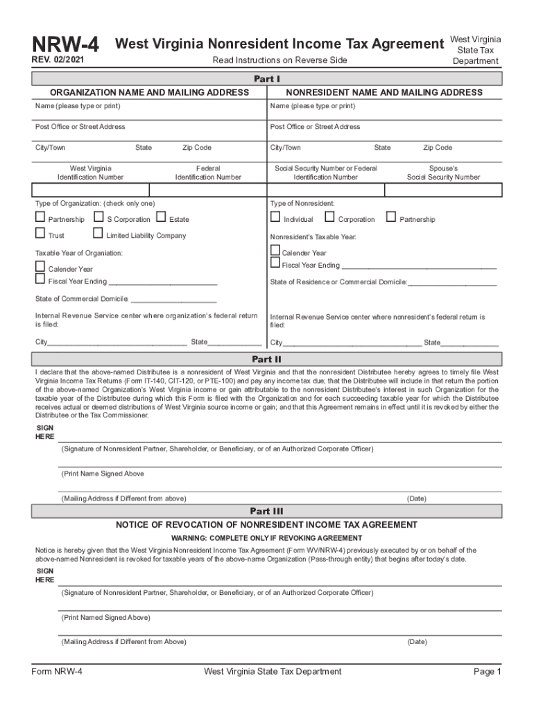 West Virginia Nonresident Income Tax Agreement  Form