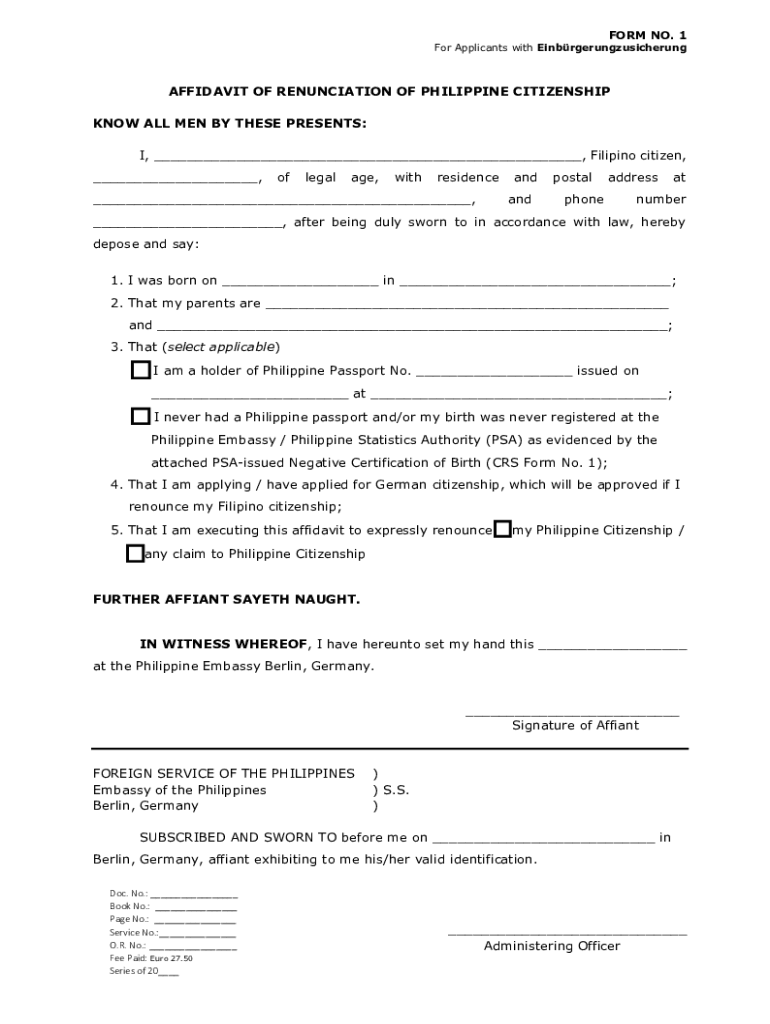 Affidavit of RENUNCIATION of Philippine Citizenship  Form