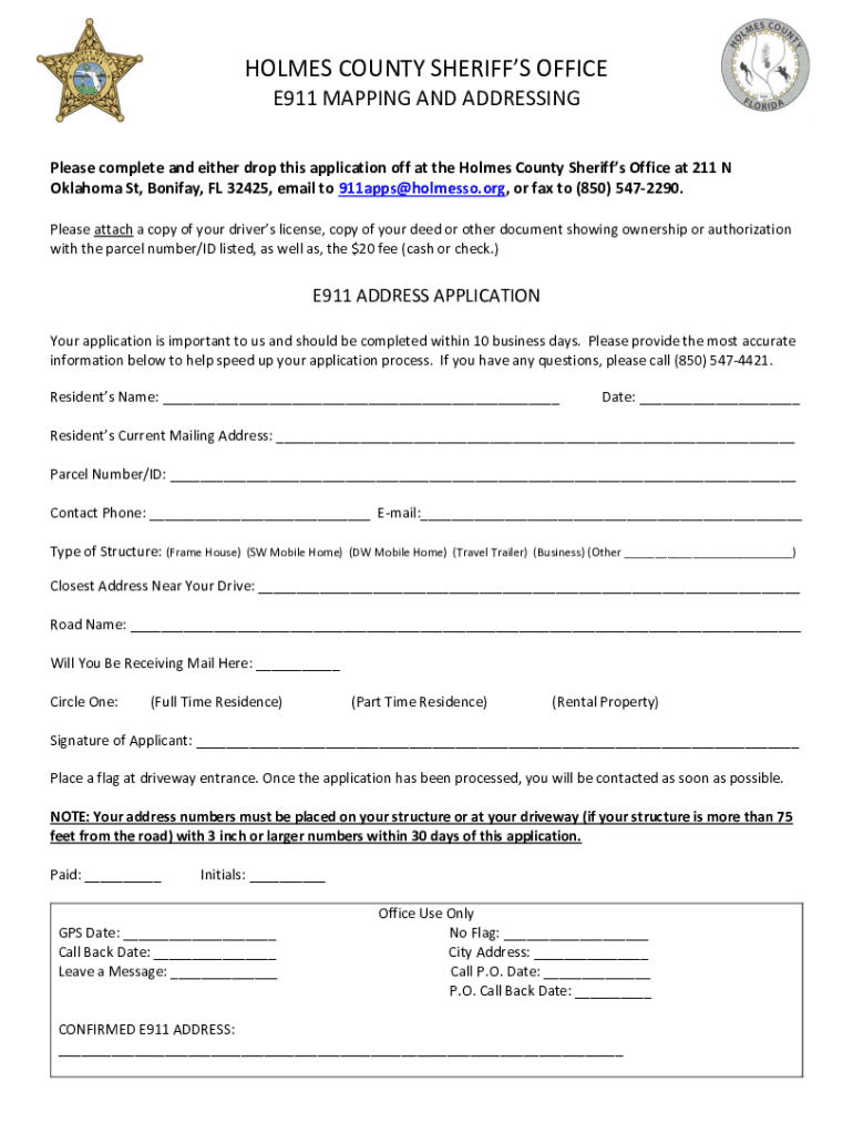 Holmes County Sheriff&#039;s Office E911 Mapping and Addressing  Form