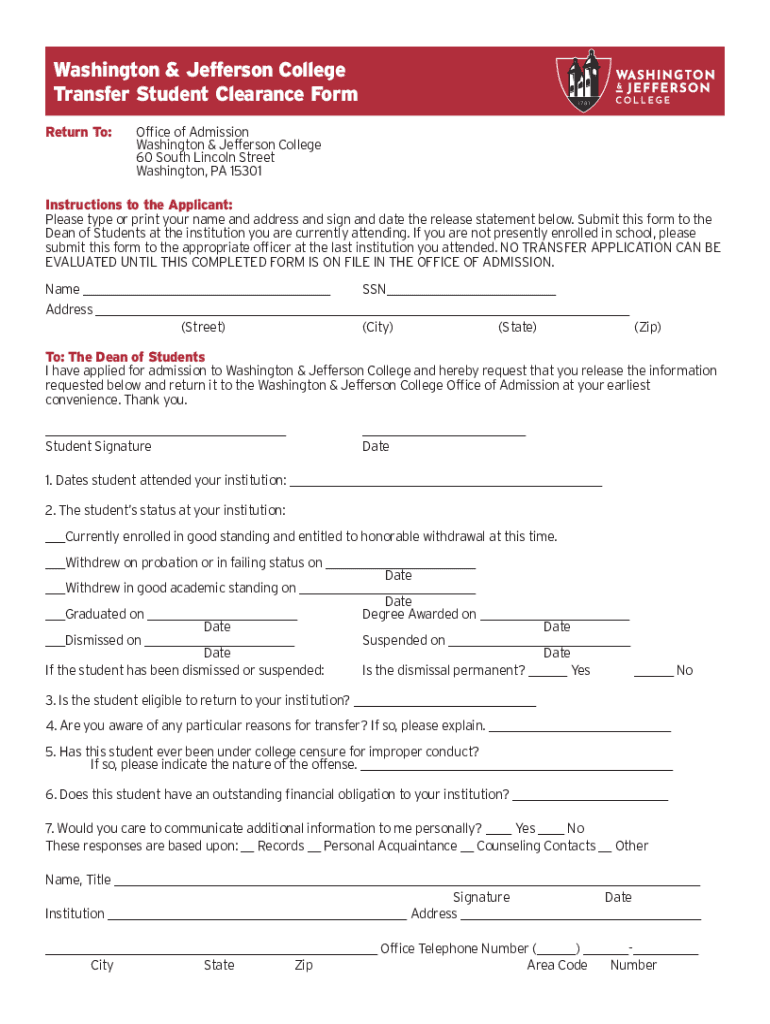 Transfer Student Clearance Form