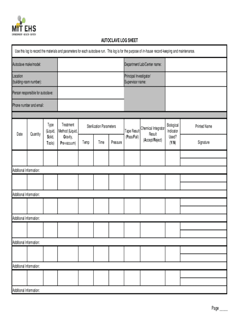 Autoclave Log Sheet Word DOC Template Tracking Guide  Form