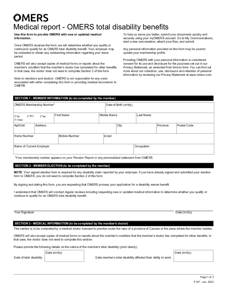 Medical Report OMERS Total Disability Benefits Form 147 2022-2024