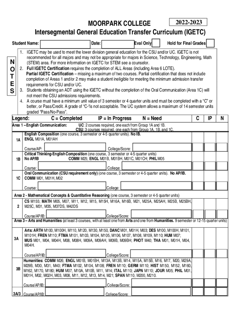 Frequently Asked Questions About IGETC Moorpark College  Form