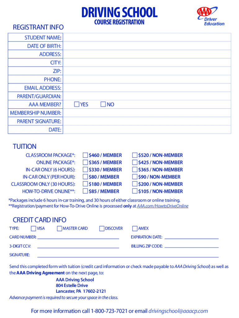  Driving School Enrollment Form AAA Central Penn 2021-2024