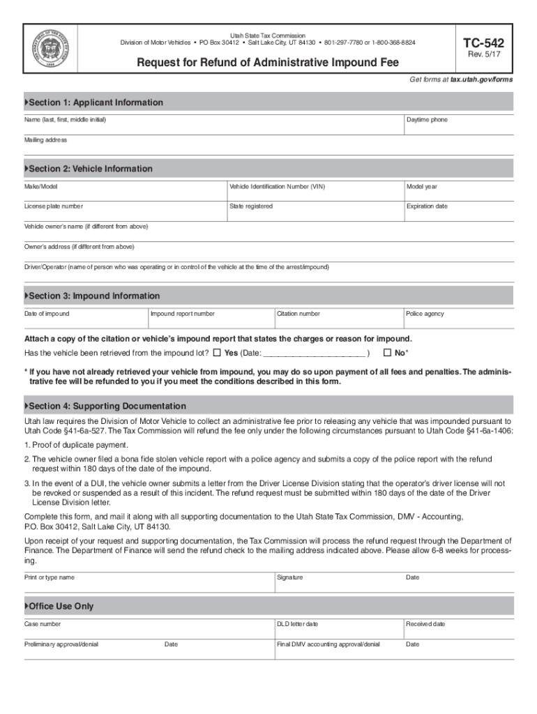 TC 542, Request for Refund of Administrative Impound Fee Forms &amp; Publications