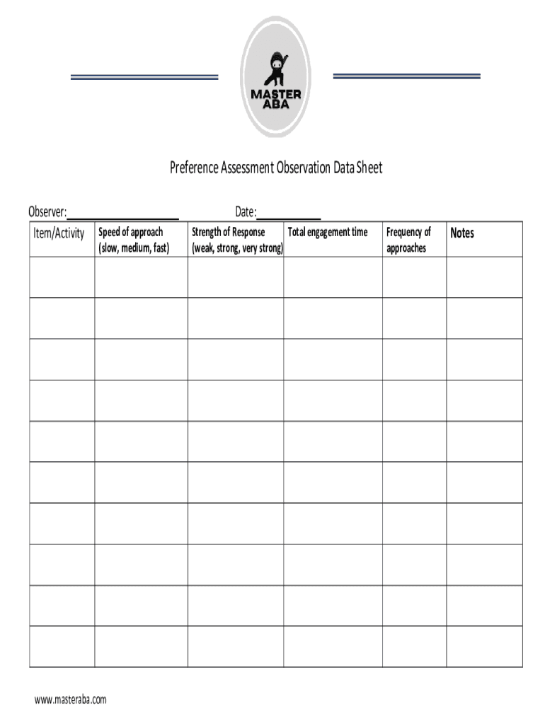 Preference Assessment Observation Data Sheet Obser  Form