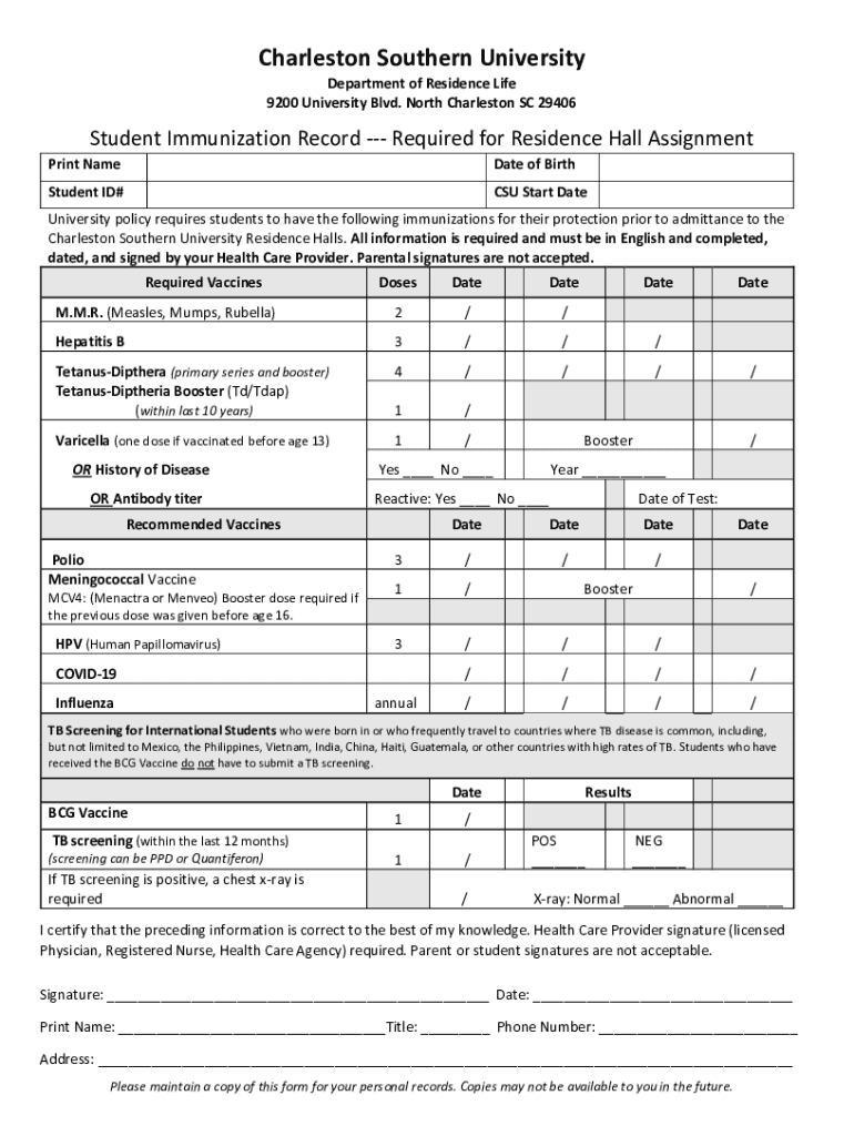 Student Immunization Record Charleston Southern University  Form