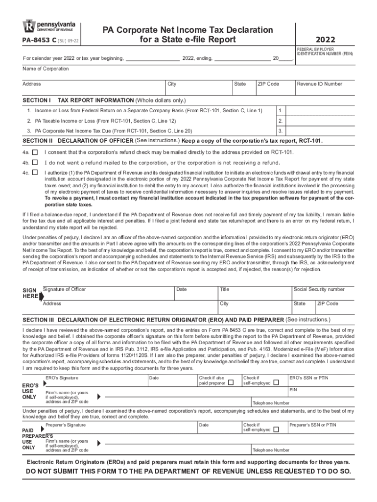 PA Corporate Net Income Tax Declaration for a State E File Report PA 8453 C PA Department of Revenue  Form