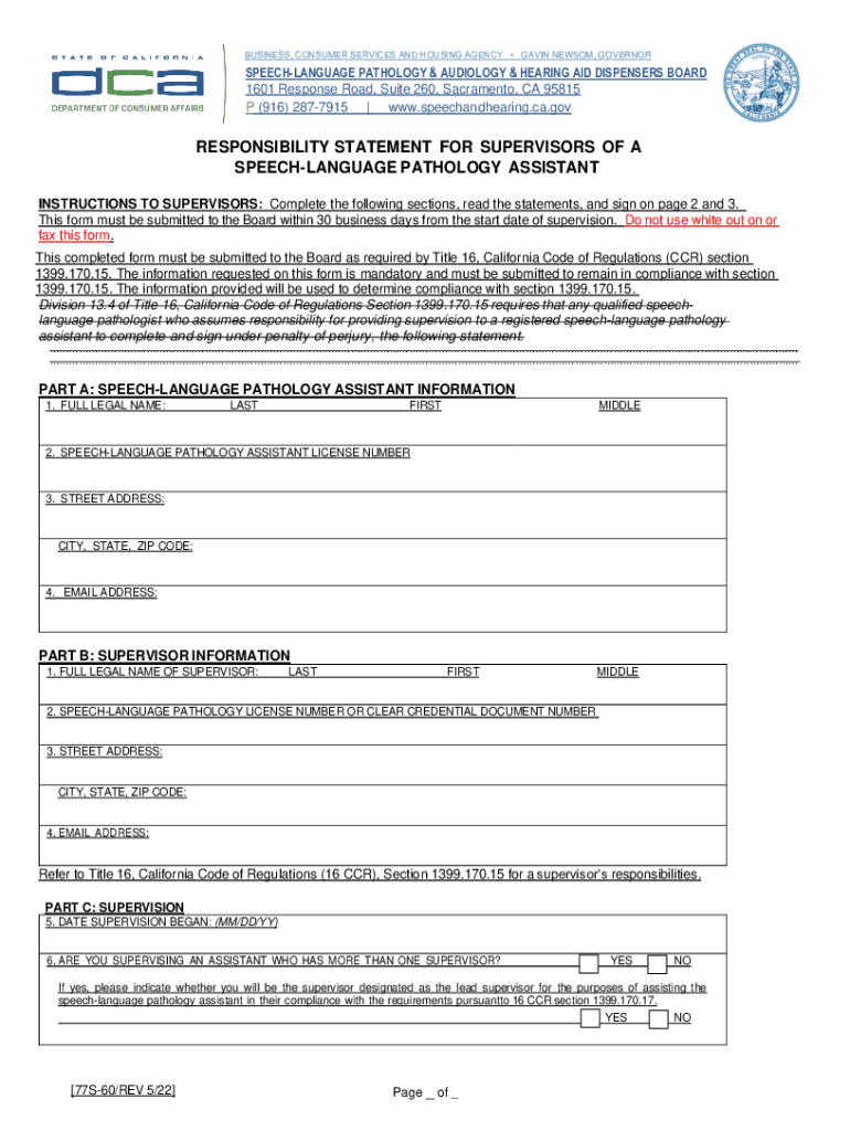 Responsibility Statement for Supervision of a Speech Language Pathology Assistant 77S 60, Rev 522 SLPA Supervision Requirements   Form