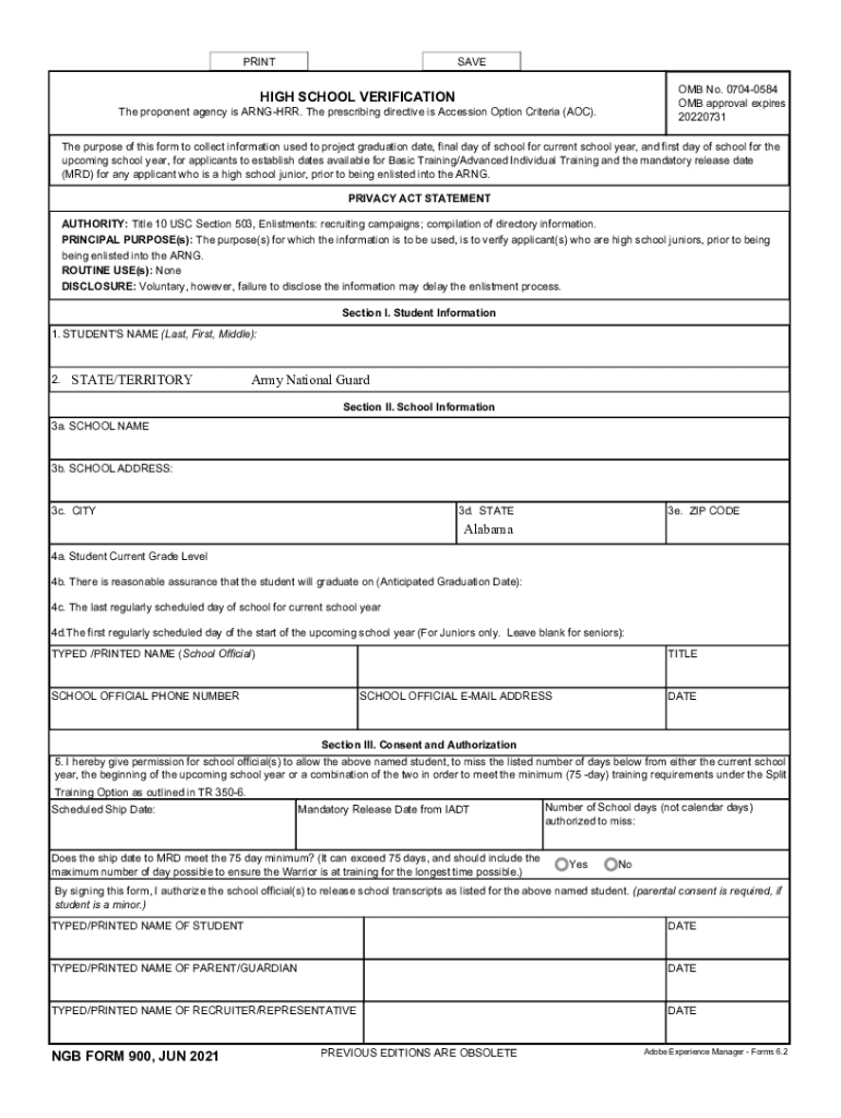 NGB Form 900 1 the Purpose of This Form to Collect Information Used to Project Graduation Date, Final Day of School for Current 
