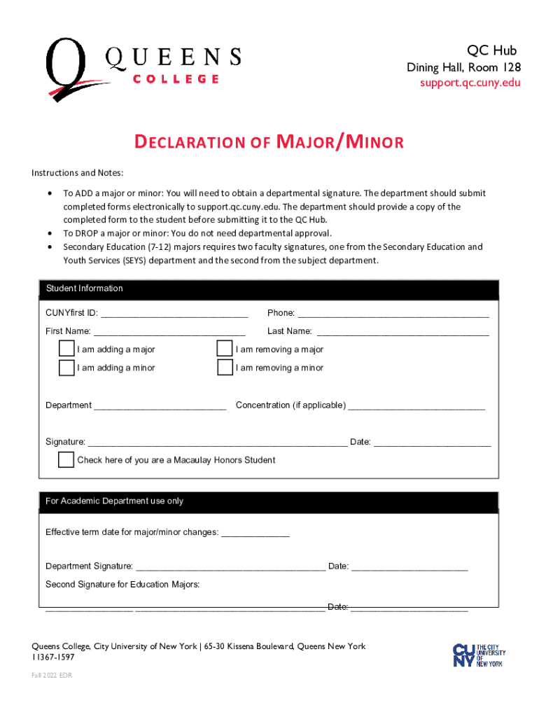  Declaration of Major Form Fillable QC Hub Dining Hall 128 2022-2024