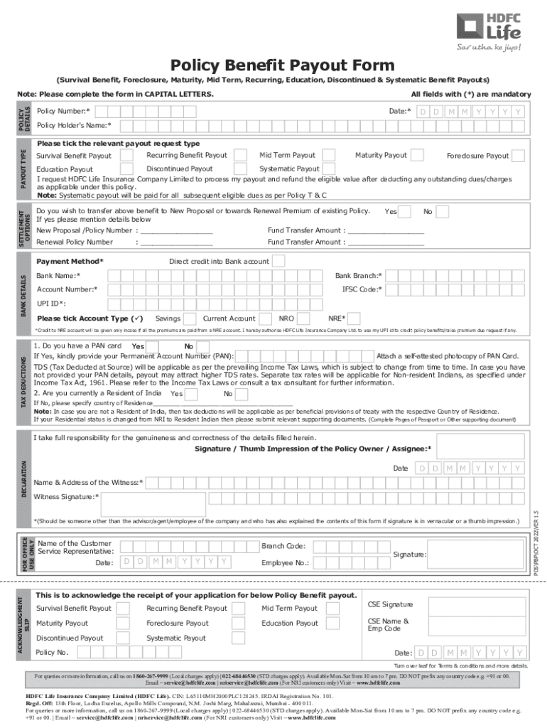 Policy Benefit Payout Form HDFC Life