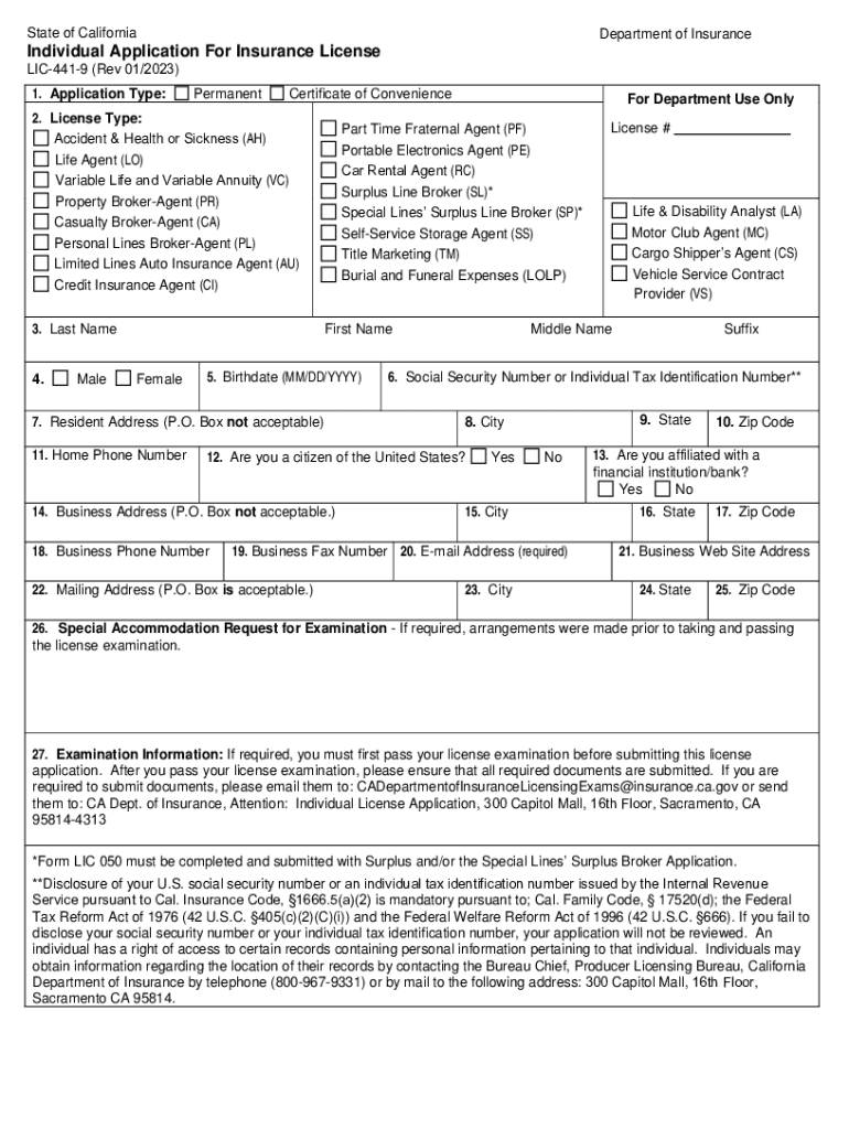 Individual Application for Insurance License Individual Application for Insurance License  Form