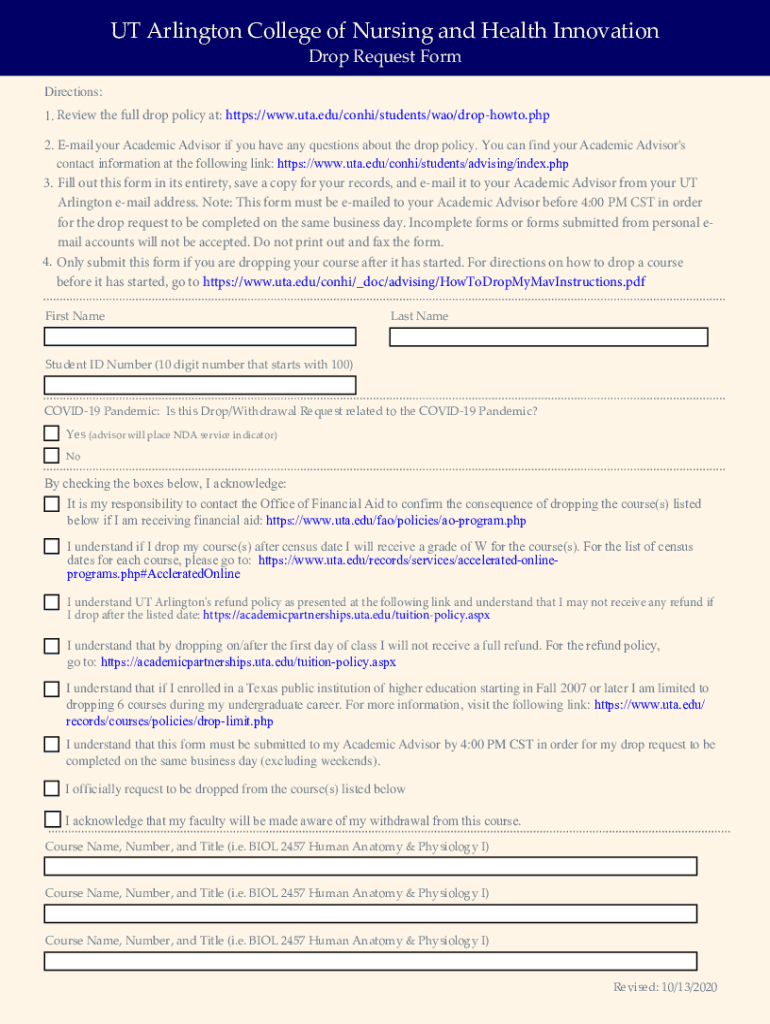 Add, Drop, Withdrawal Office of the Registrar UT Arlington  Form