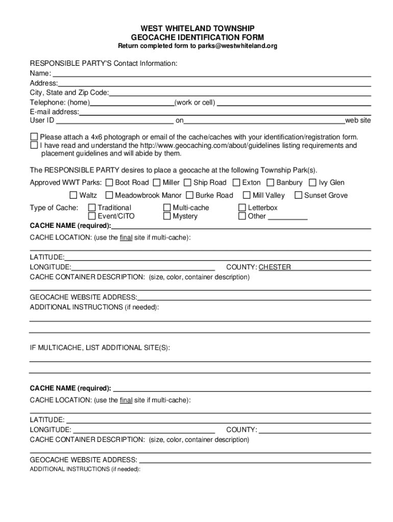 West Whiteland Township Geocache Identification Form