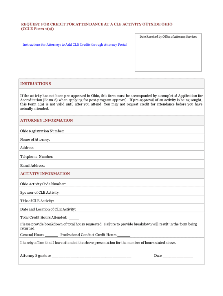 Request for Credit for Attendance at a CLE Activity Outside Ohio CCLE Form 1a